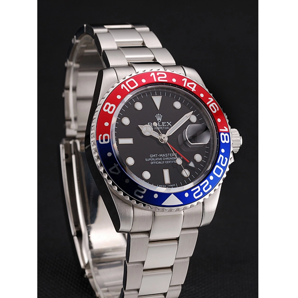 Aaa replica watch 1453751 Swiss Pepsi GMT II Rolex Bracelet Master Black Bezel Dial Steel Case Stainless And 0603